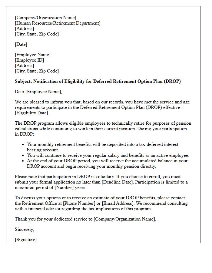 Deferred Retirement Option Plan Eligibility Notification Letter