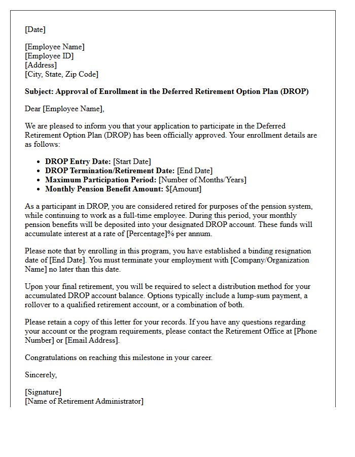 Deferred Retirement Option Plan Enrollment Approval Letter