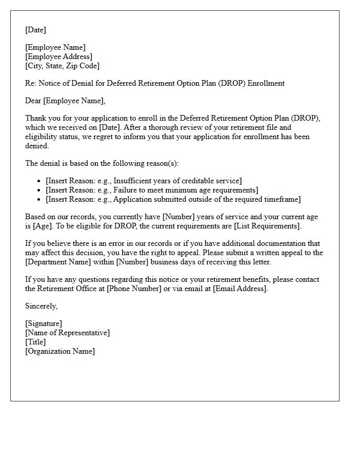 Deferred Retirement Option Plan Enrollment Denial Letter