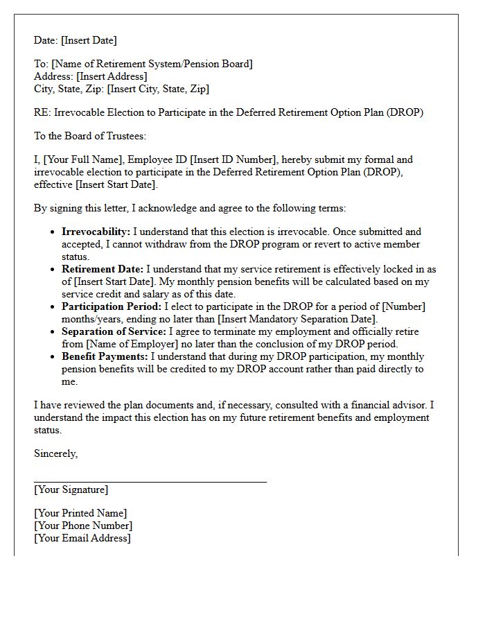 Deferred Retirement Option Plan Irrevocable Election Letter