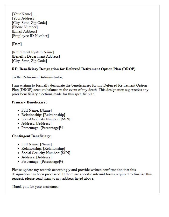 Deferred Retirement Option Plan Beneficiary Designation Letter