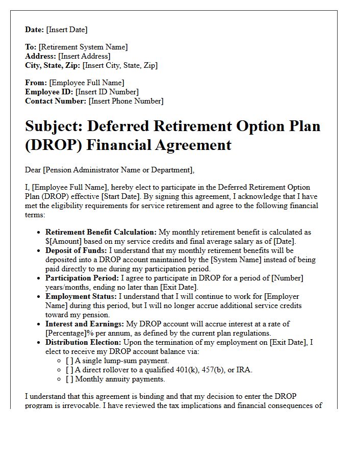 Deferred Retirement Option Plan Financial Agreement Letter
