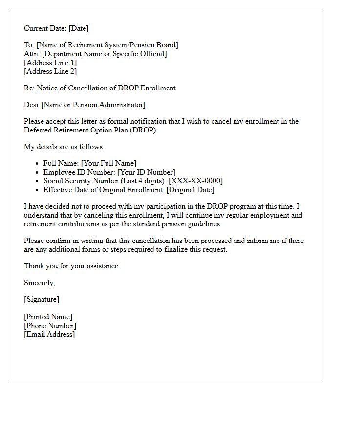 Deferred Retirement Option Plan Enrollment Cancellation Letter