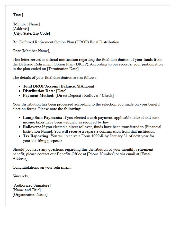 Deferred Retirement Option Plan Final Distribution Letter
