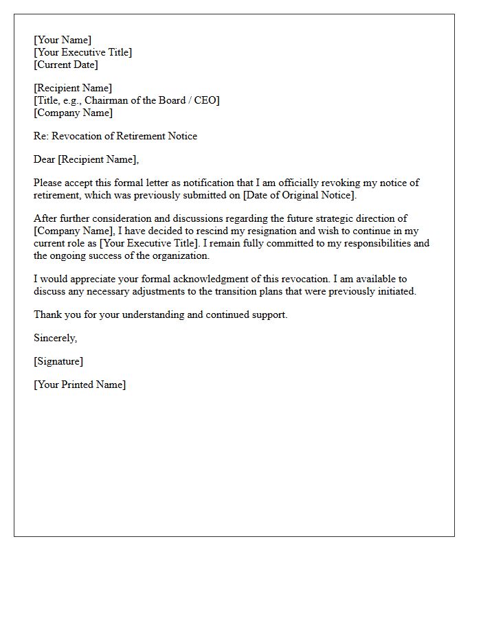 Executive Revocation of Retirement Notice Letter