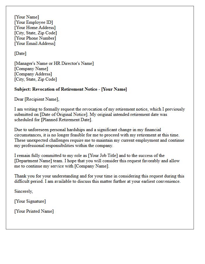 Personal Hardship Revocation of Retirement Notice Letter