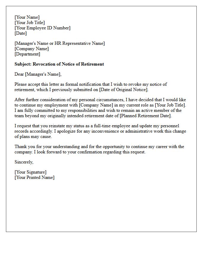 Employment Reinstatement Revocation of Retirement Notice Letter