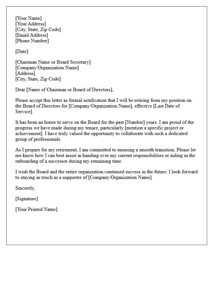 Formal Board of Directors Retirement Resignation Letter