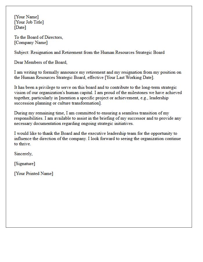 Human Resources Strategic Board Retirement Resignation Letter