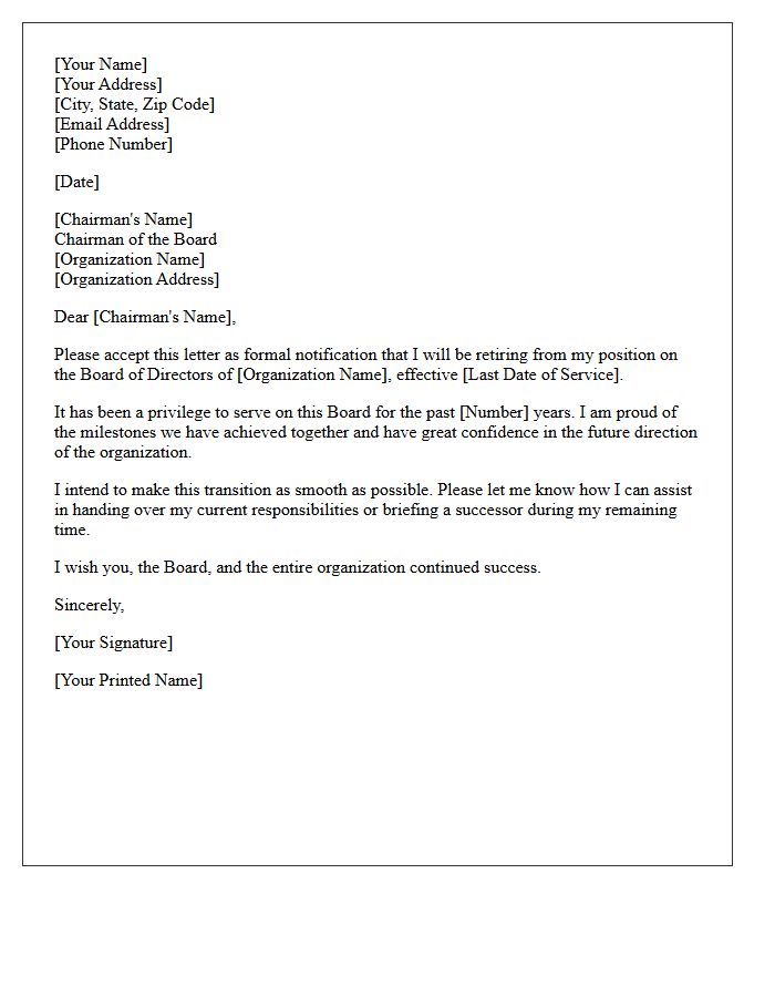Chairman Notification of Board Retirement Resignation Letter