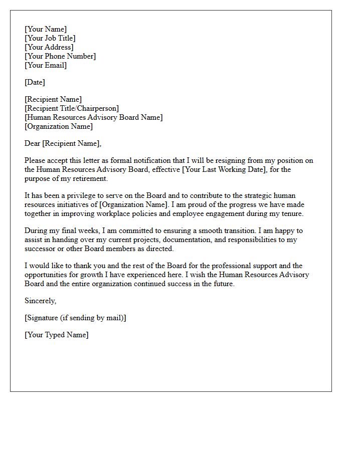 Human Resources Advisory Board Retirement Resignation Letter