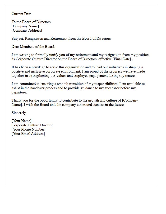 Corporate Culture Director Board Retirement Resignation Letter