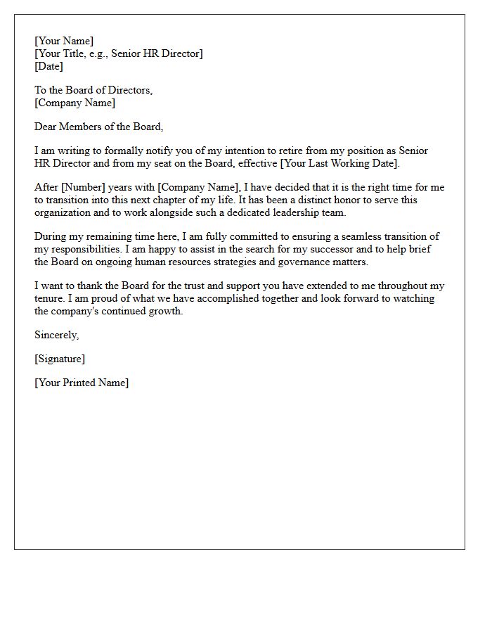 Senior HR Director Board Retirement Resignation Letter
