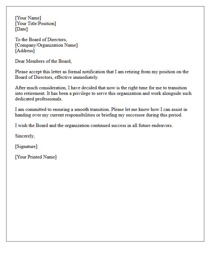 Board of Directors Immediate Retirement Resignation Letter