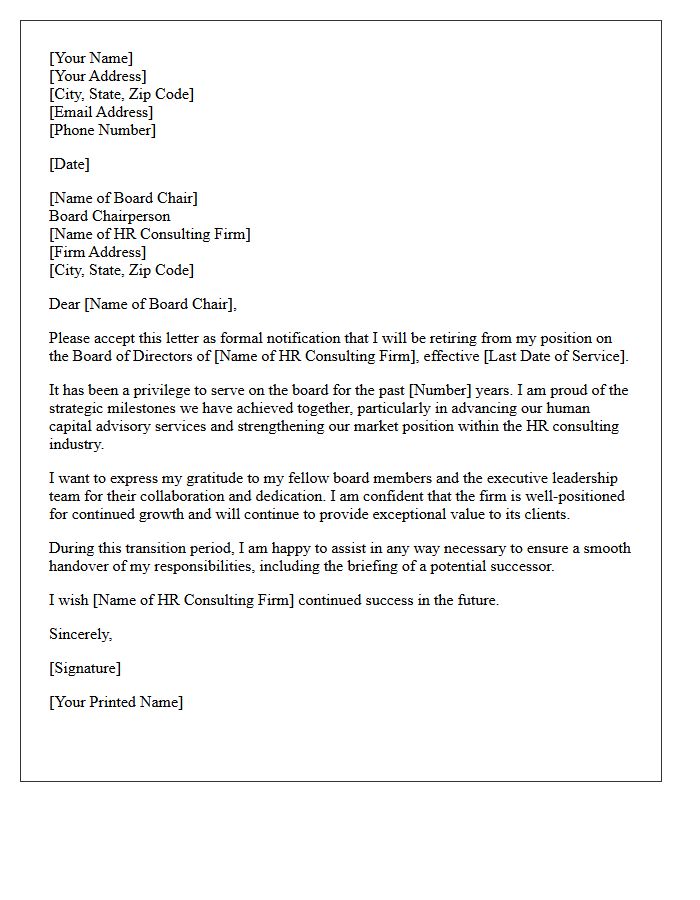 Board Retirement Resignation Letter for HR Consulting Firm