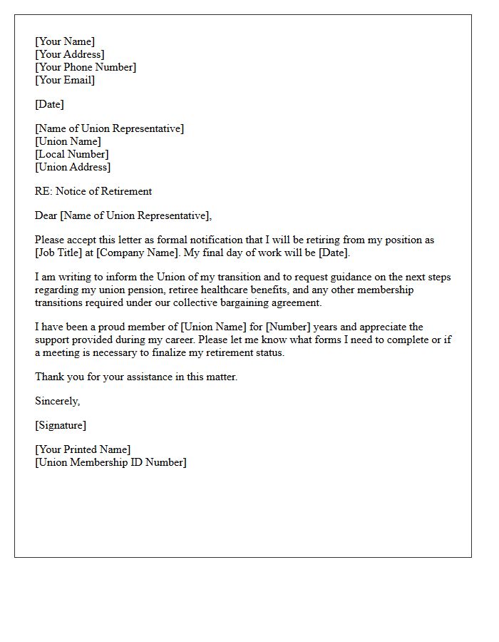 Standard Union Member Retirement Notification Letter