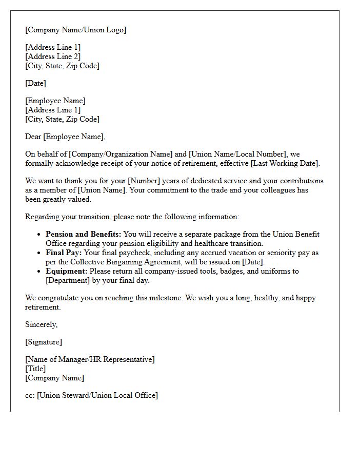 Official Union Employee Retirement Acknowledgment Letter