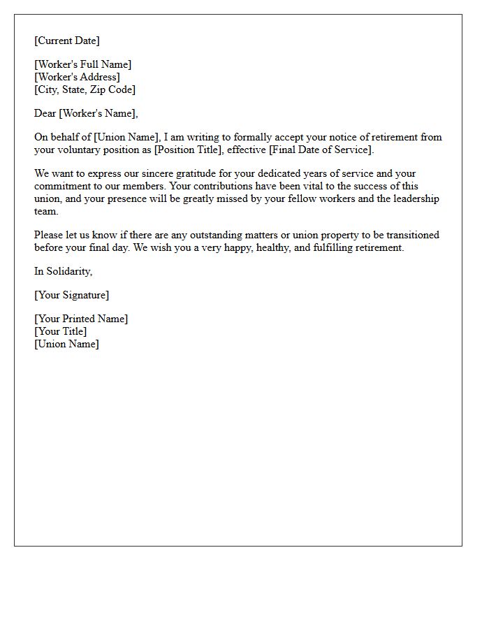 Voluntary Union Worker Retirement Acceptance Letter