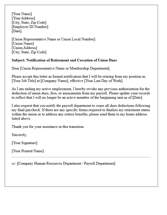 Union Dues Cessation and Retirement Notification Letter