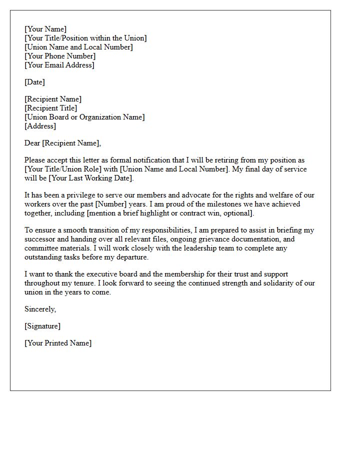 Union Representative Retirement Notification Letter