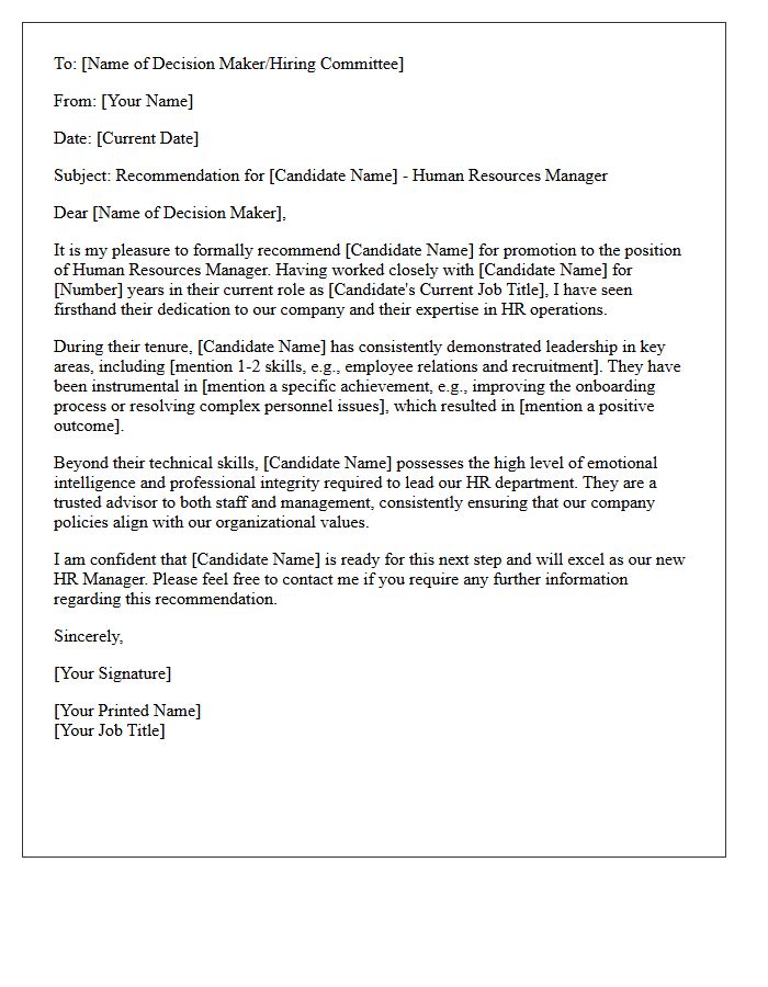 Recommendation Letter for Internal Promotion to Human Resources Manager