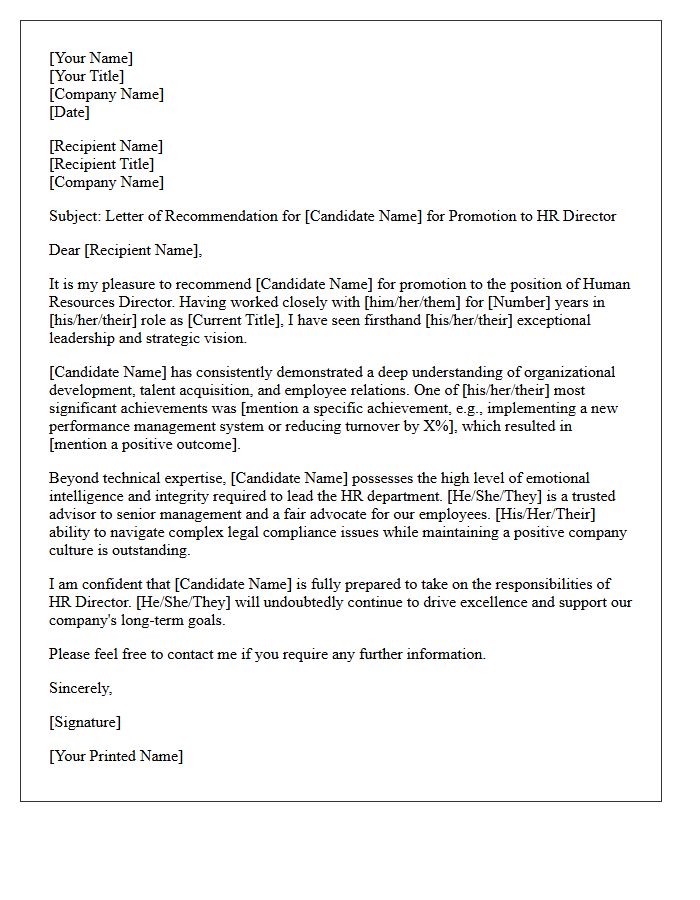 Letter of Recommendation for Human Resources Director Promotion