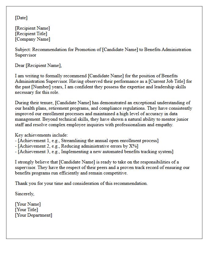 Promotion Recommendation Letter for Benefits Administration Supervisor