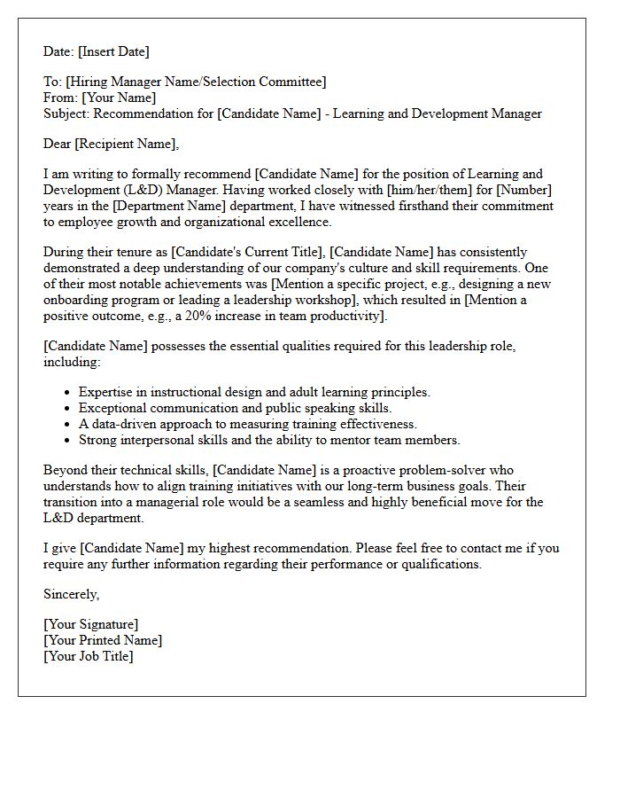 Recommendation Letter for Internal Promotion to Learning and Development Manager