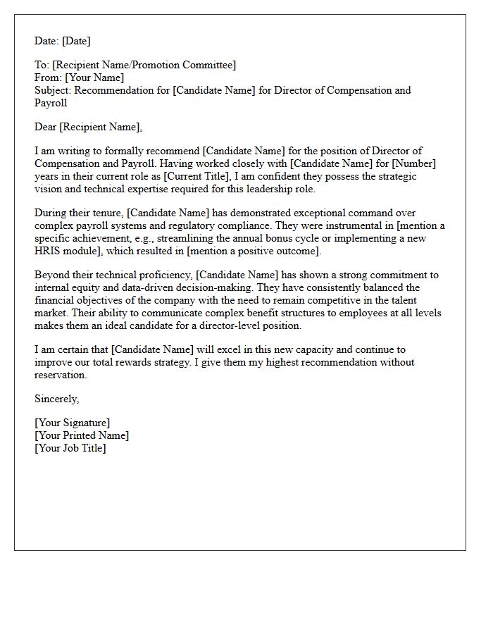 Internal Promotion Recommendation Letter for Compensation and Payroll Director