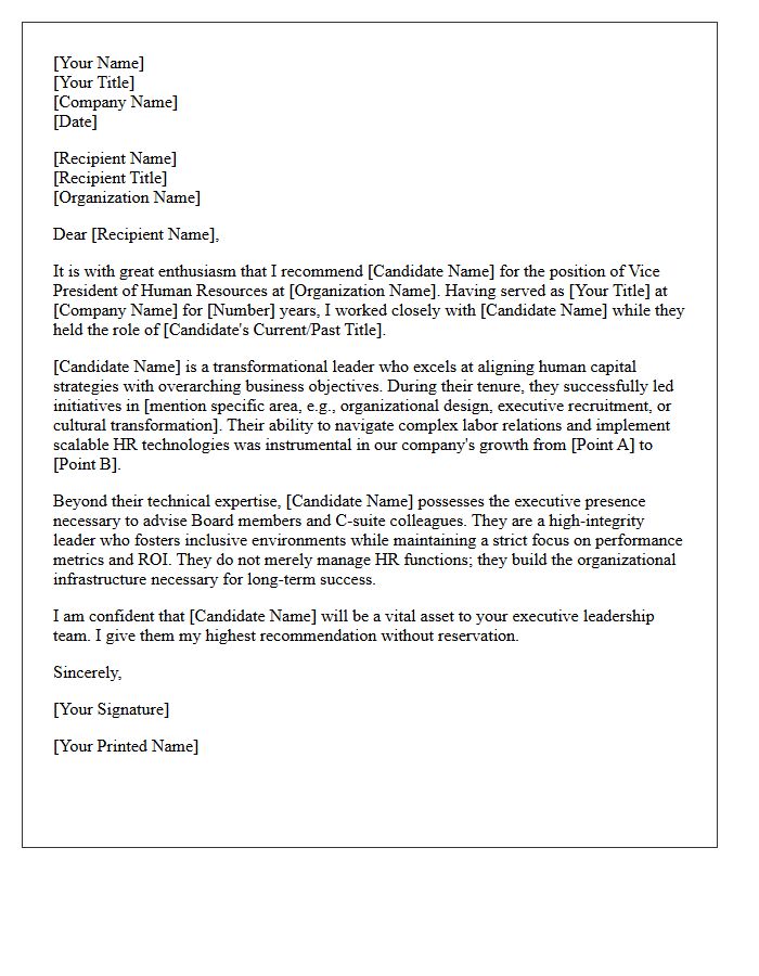 Executive Leadership Recommendation Letter for Vice President of Human Resources