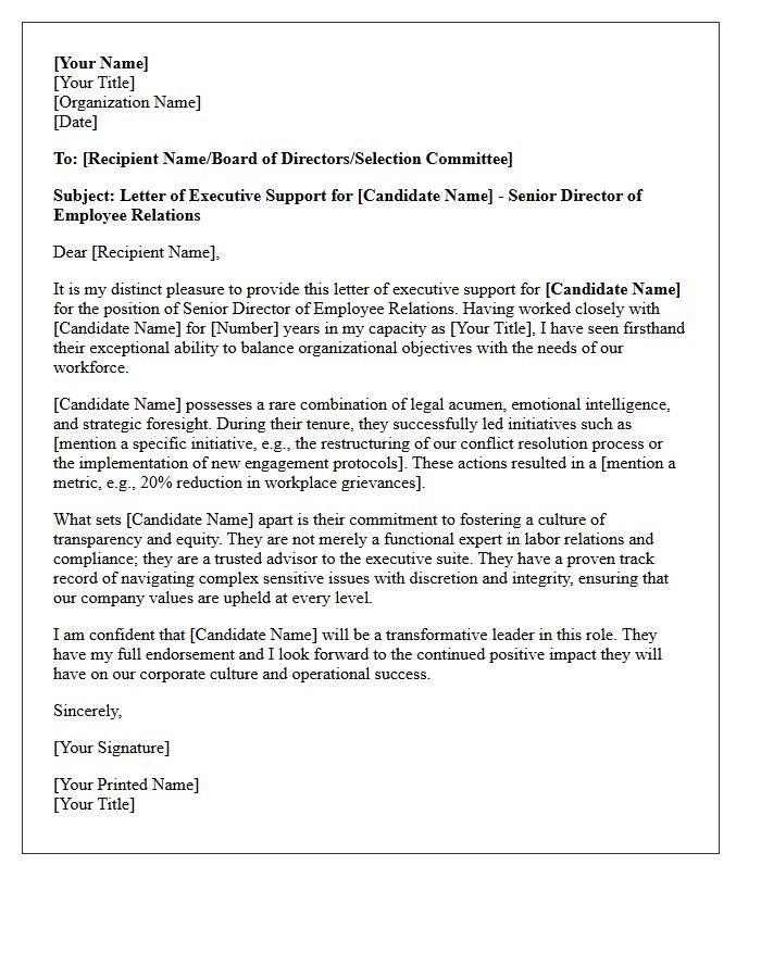 Executive Support Letter for Senior Director of Employee Relations