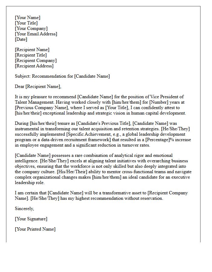 Career Recommendation Letter for Vice President of Talent Management