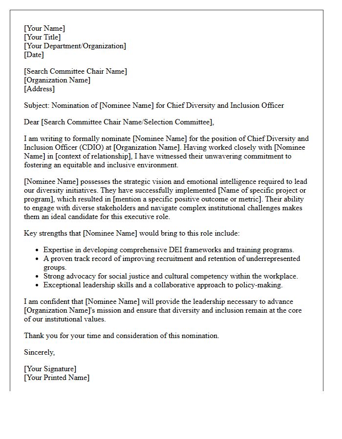 Nomination Letter for Chief Diversity and Inclusion Officer