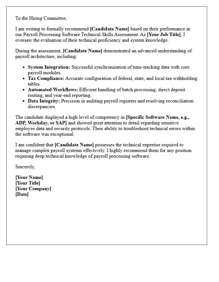 Payroll Processing Software Technical Skills Assessment Recommendation Letter