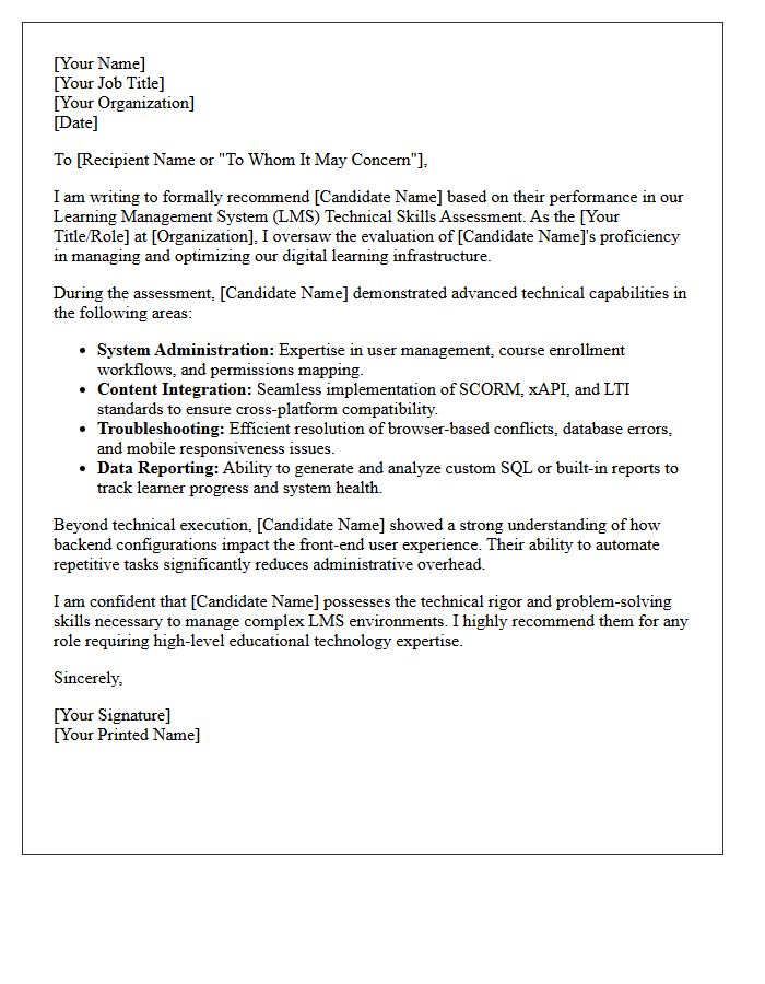 Learning Management System Technical Skills Assessment Recommendation Letter