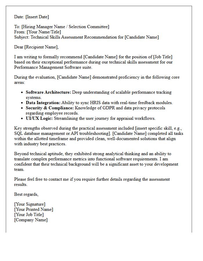 Performance Management Software Technical Skills Assessment Recommendation Letter