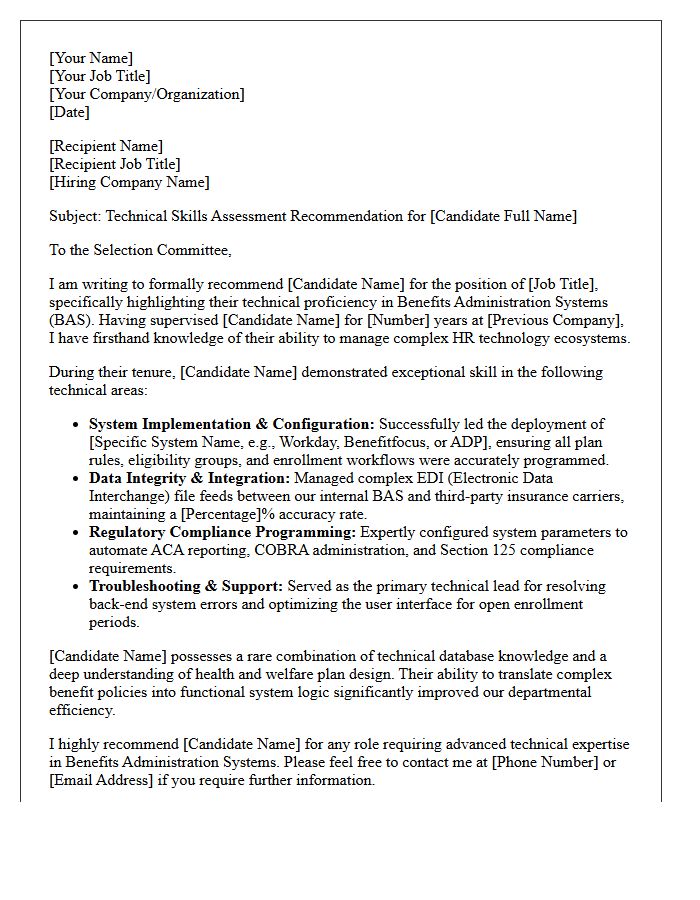 Benefits Administration Systems Technical Skills Assessment Recommendation Letter
