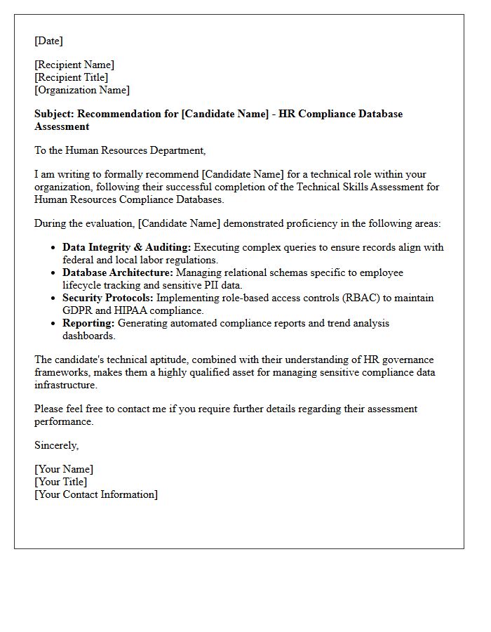Human Resources Compliance Database Technical Skills Assessment Recommendation Letter