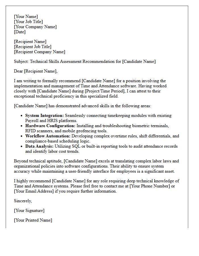 Time And Attendance Software Technical Skills Assessment Recommendation Letter