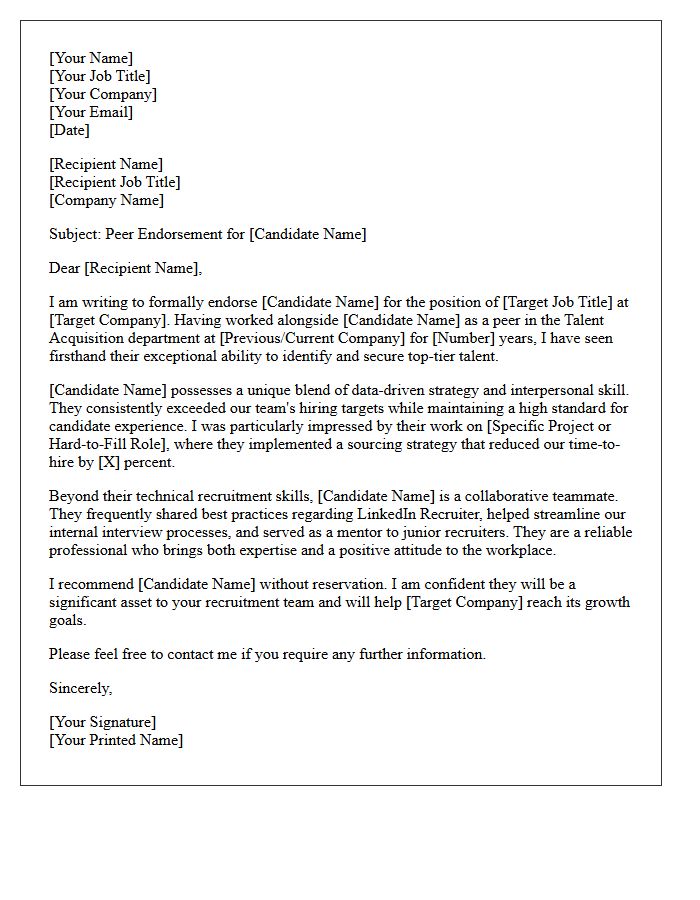Peer Endorsement Recommendation Letter for a Talent Acquisition Specialist
