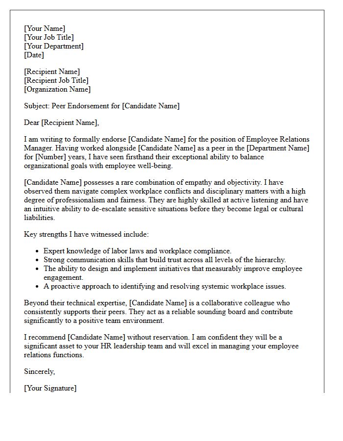 Peer Endorsement Letter for an Employee Relations Manager