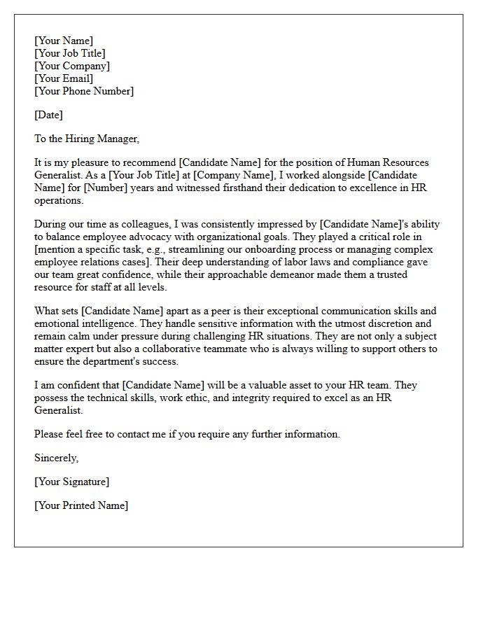 Recommendation Letter From a Peer for a Human Resources Generalist