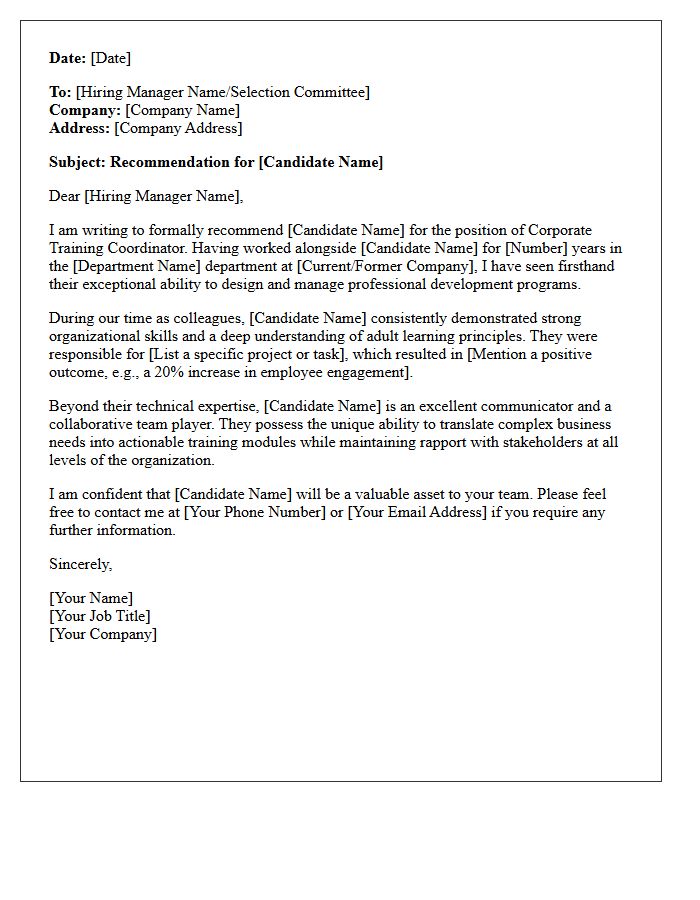Peer Recommendation Letter for a Corporate Training Coordinator