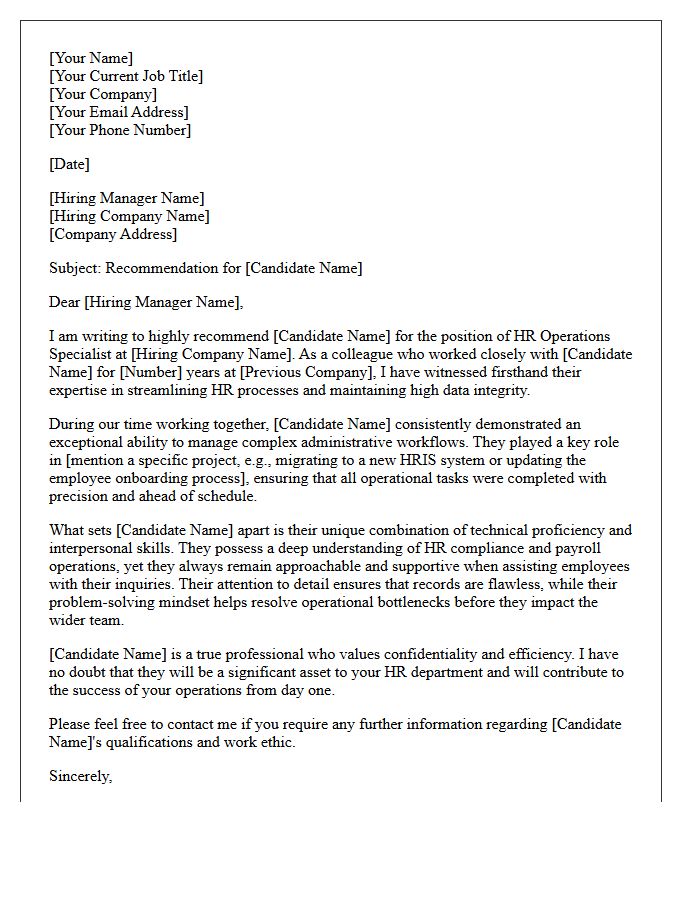 Human Resources Operations Specialist Peer Recommendation Letter