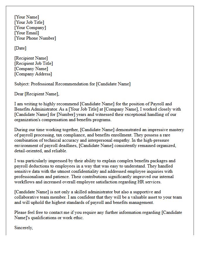 Peer Recommendation Letter for a Payroll and Benefits Administrator