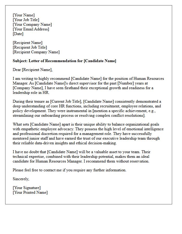 Recommendation Letter For Direct Report Advancing To Human Resources Manager