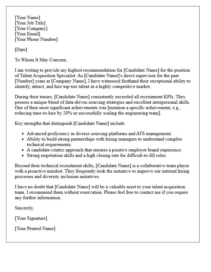 Outstanding Direct Report Recommendation Letter For Talent Acquisition Specialist