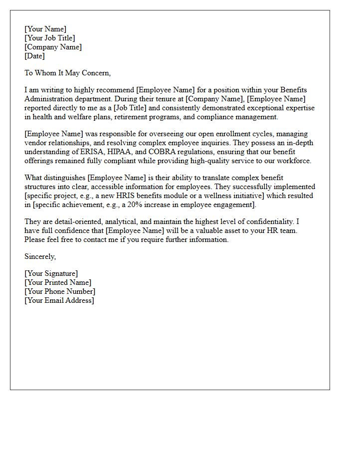 Direct Report Recommendation Letter For Benefits Administration Professional