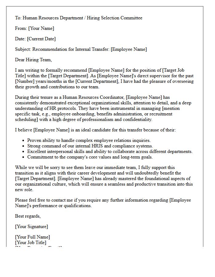 Internal Transfer Recommendation Letter For Human Resources Coordinator Direct Report