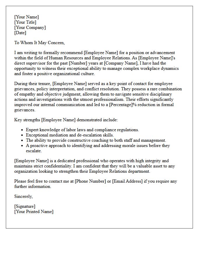 Recommendation Letter Recognizing Direct Report In Employee Relations